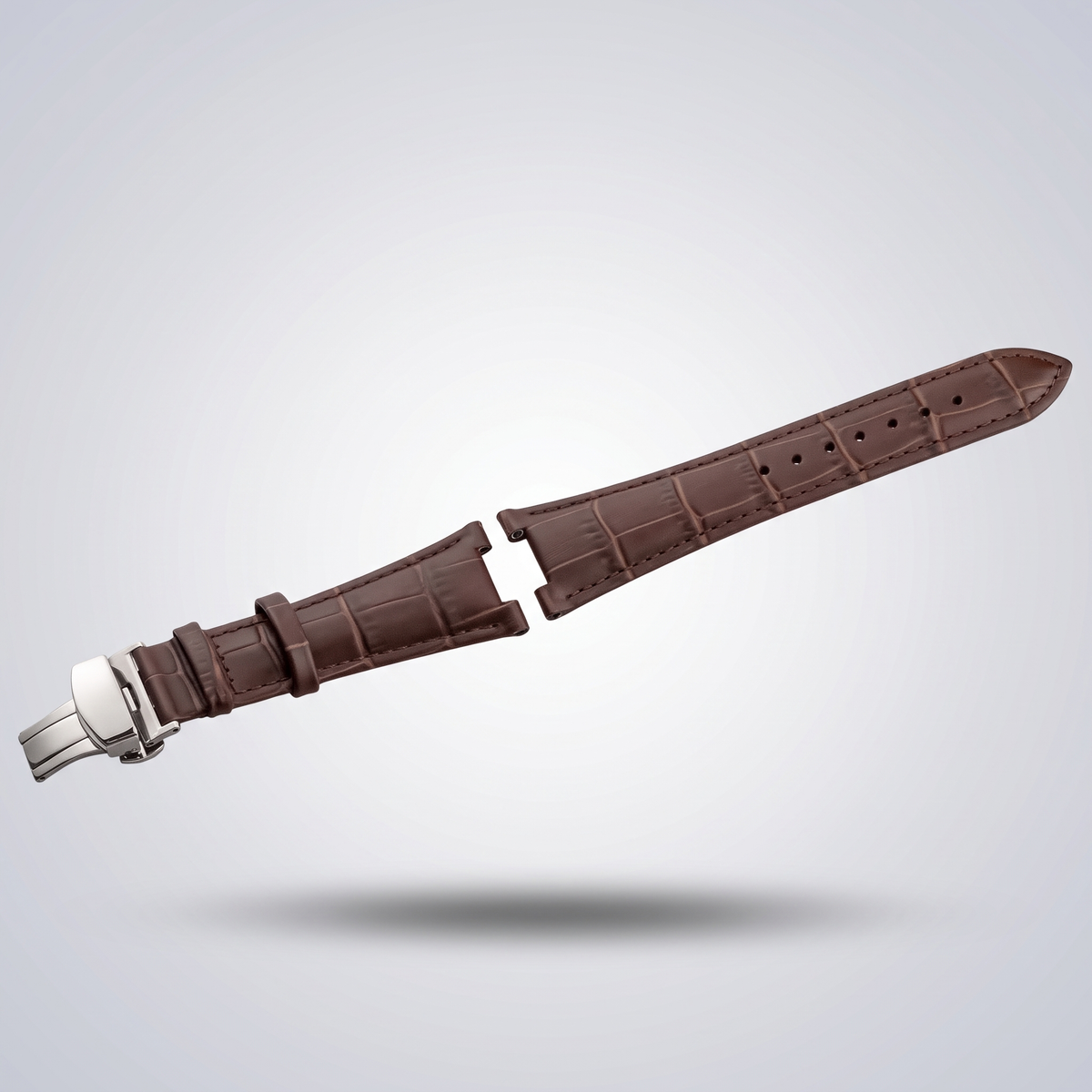 Horizon croc leather watch strap, Brown, brushed steel deployant clasp