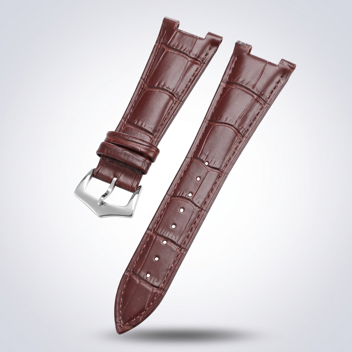 Horizon croc leather watch strap, Brown, brushed steel pin buckle