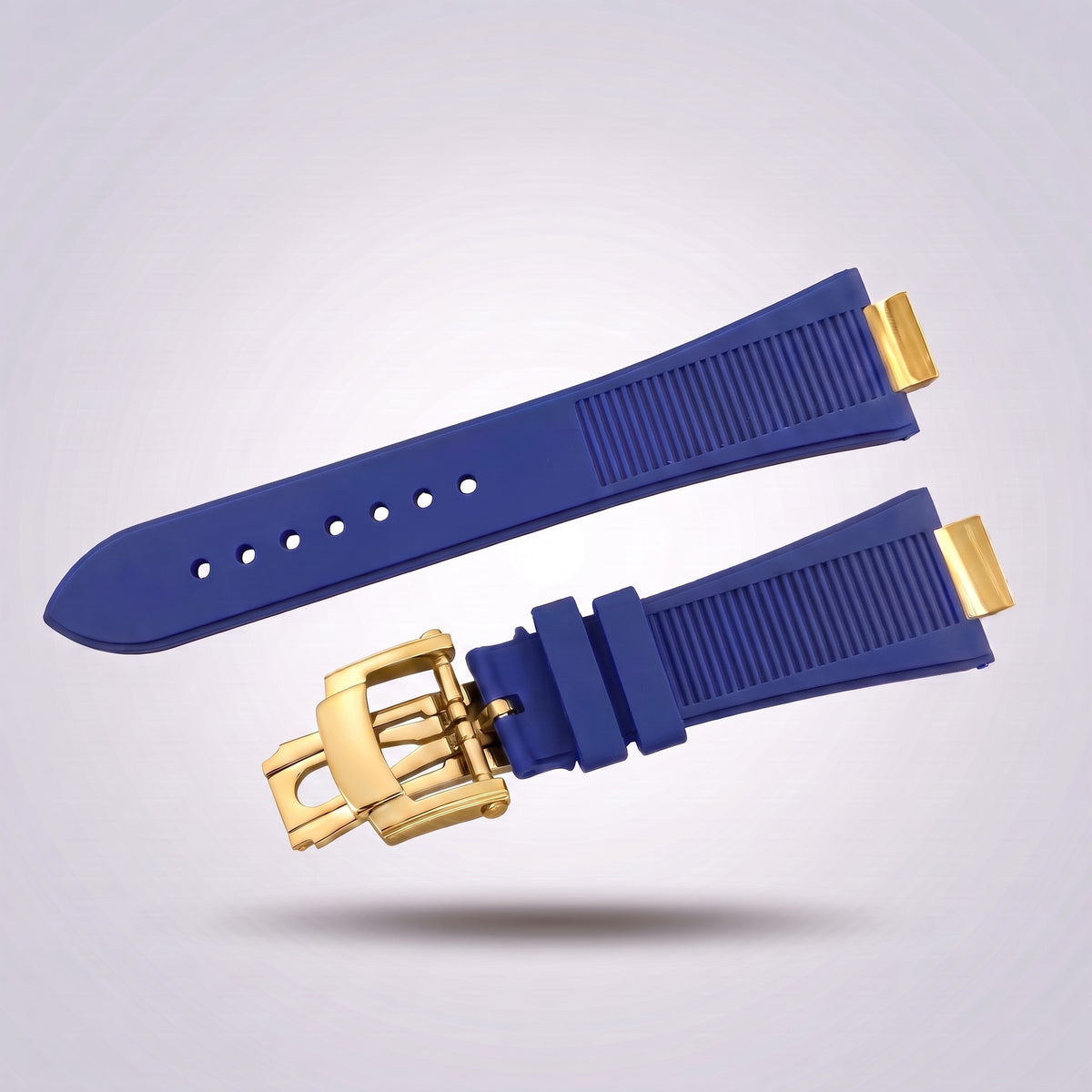 Horizon silicone watch strap, Blue, yellow gold deployant clasp