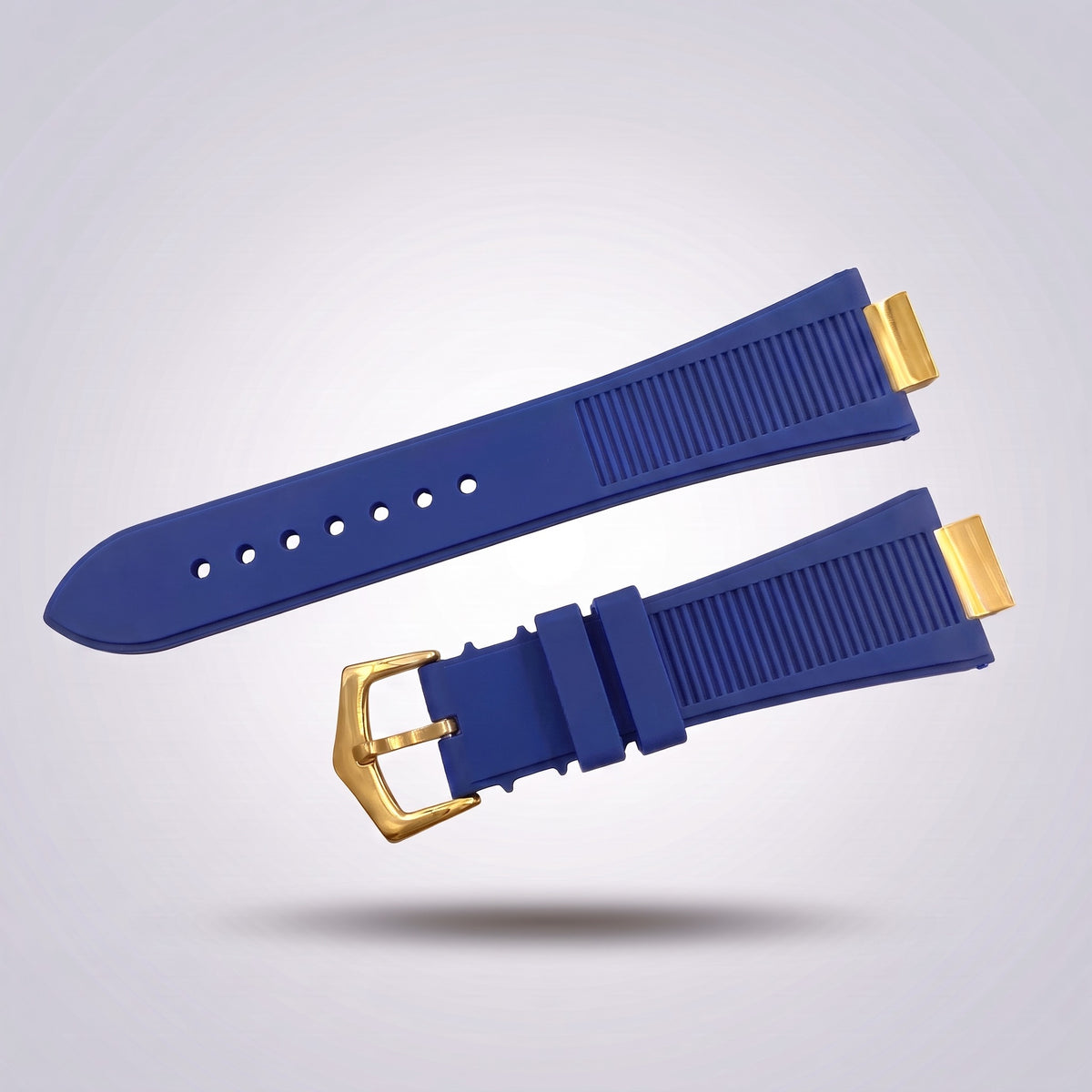 Horizon silicone watch strap, Blue, yellow gold pin buckle