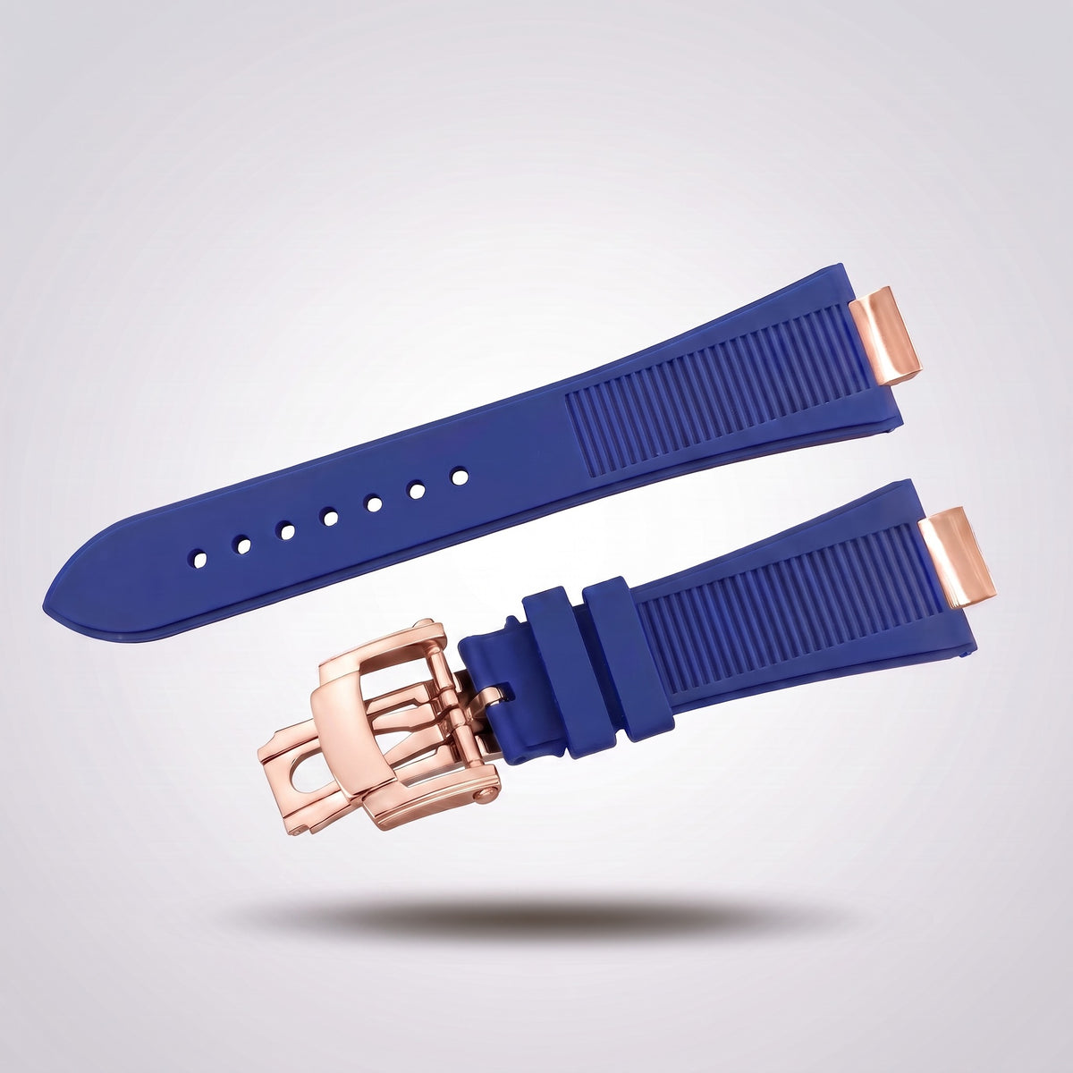 Horizon silicone watch strap, Blue, rose gold deployant clasp