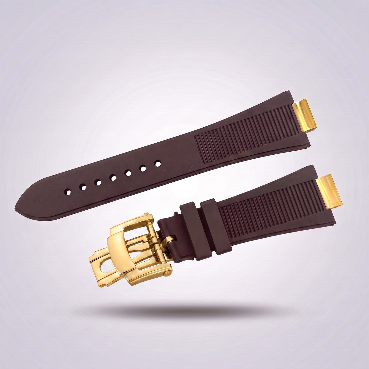 Horizon silicone watch strap, Brown, yellow gold deployant clasp