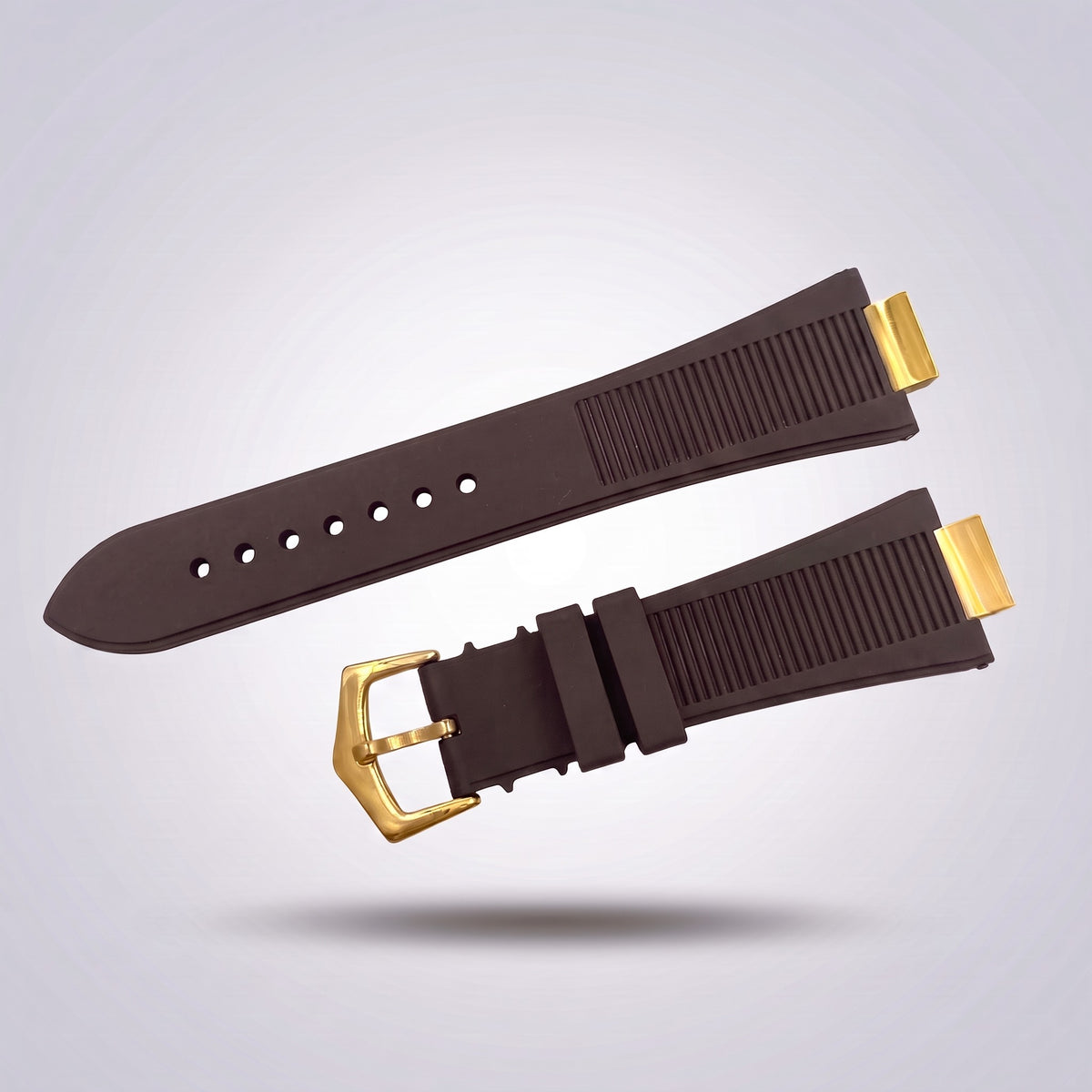 Horizon silicone watch strap, Brown, yellow gold pin buckle