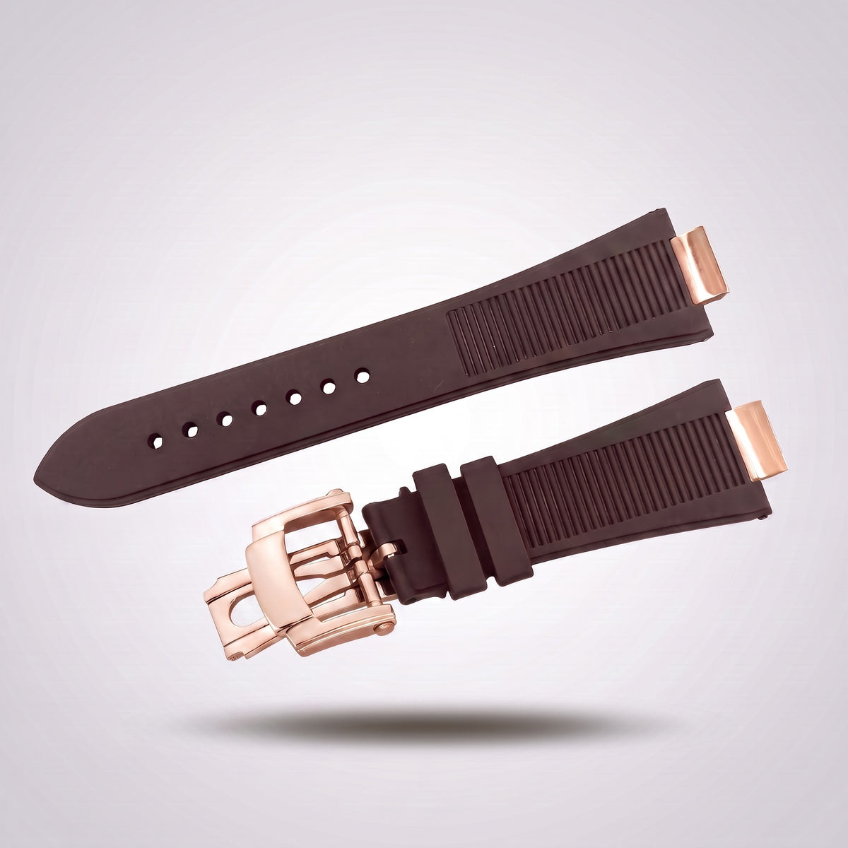 Horizon silicone watch strap, Brown, rose gold deployant clasp