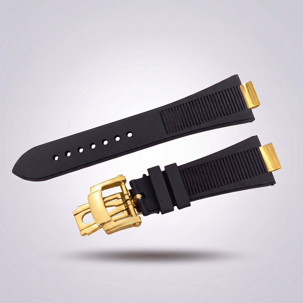 Horizon silicone watch strap, Classic Black, yellow gold deployant clasp