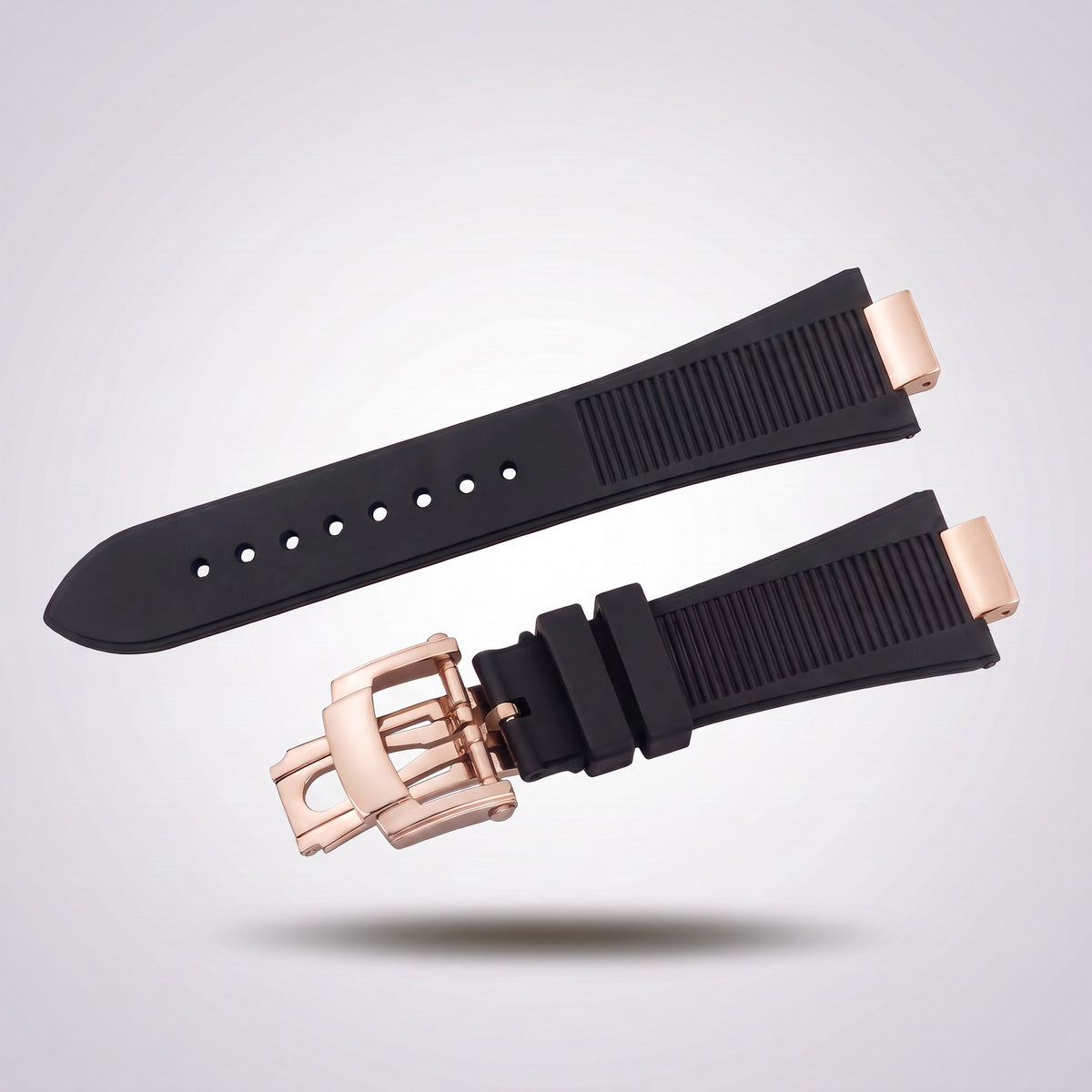 Horizon silicone watch strap, Classic Black, rose gold deployant clasp