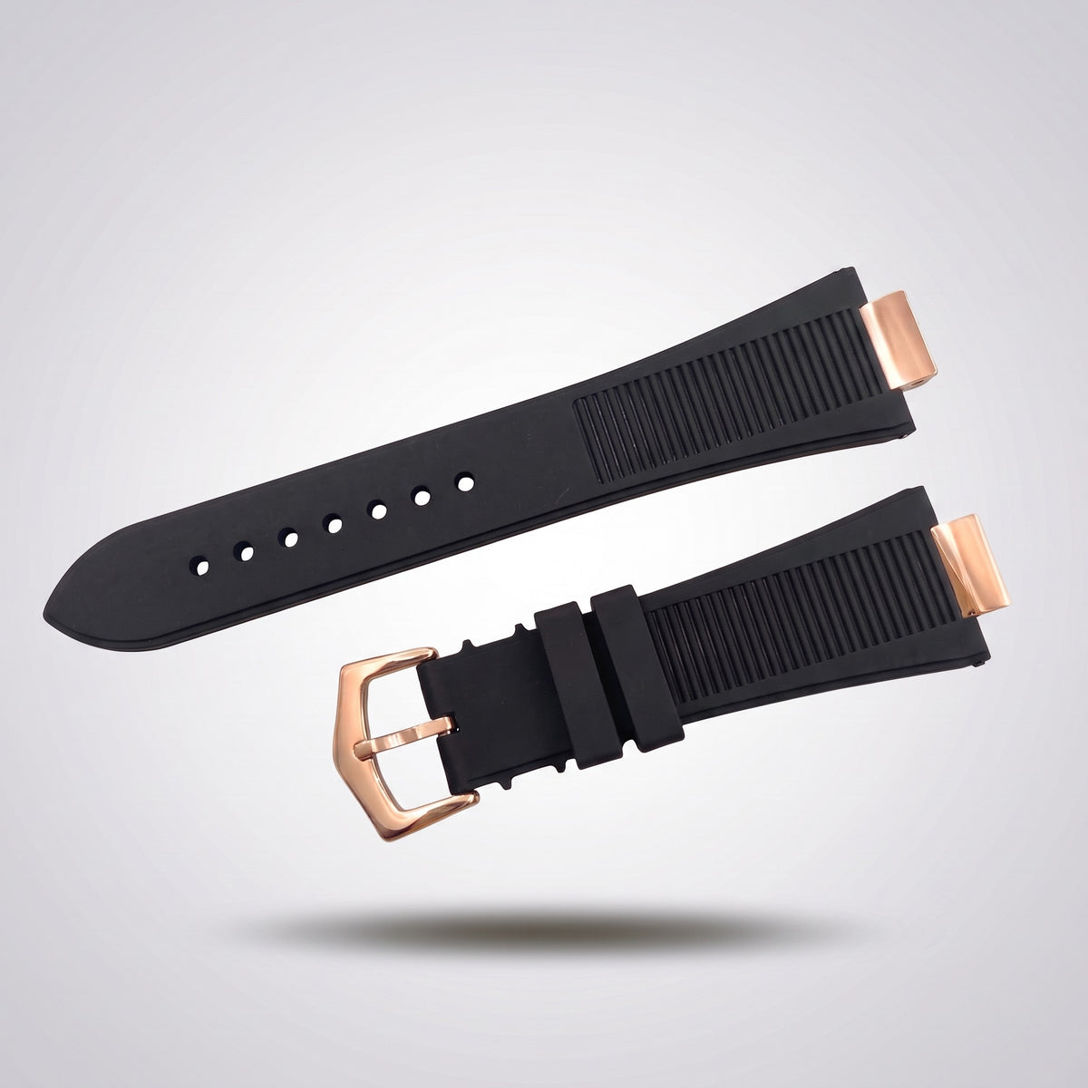 Horizon silicone watch strap, Classic Black, rose gold pin buckle