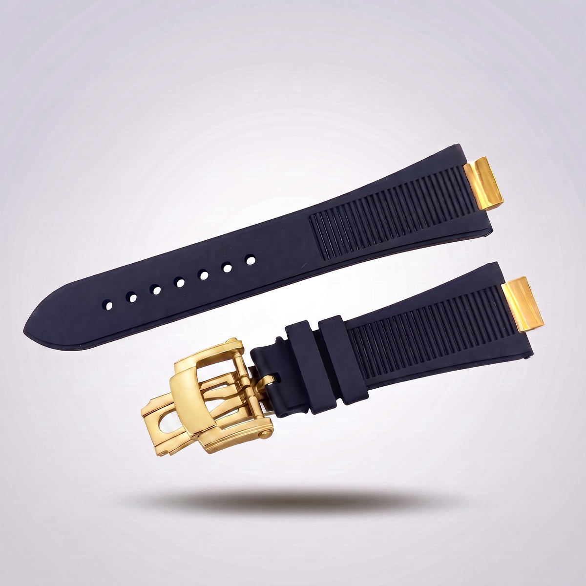 Horizon silicone watch strap, Dark blue, yellow gold deployant clasp