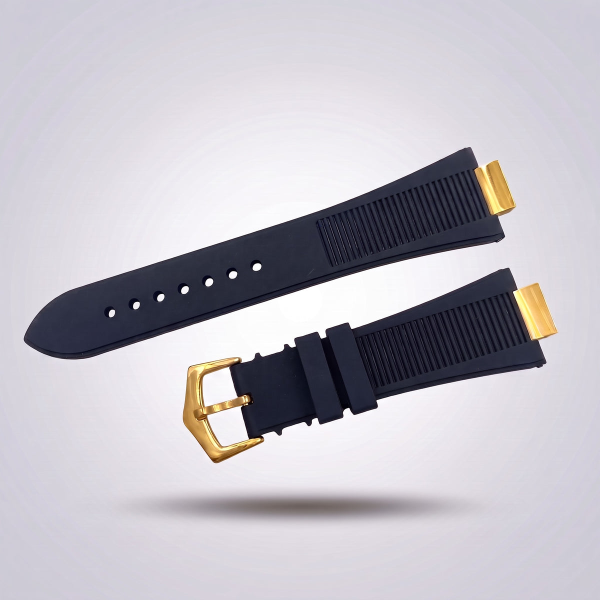 Horizon silicone watch strap, Dark blue, yellow gold pin buckle