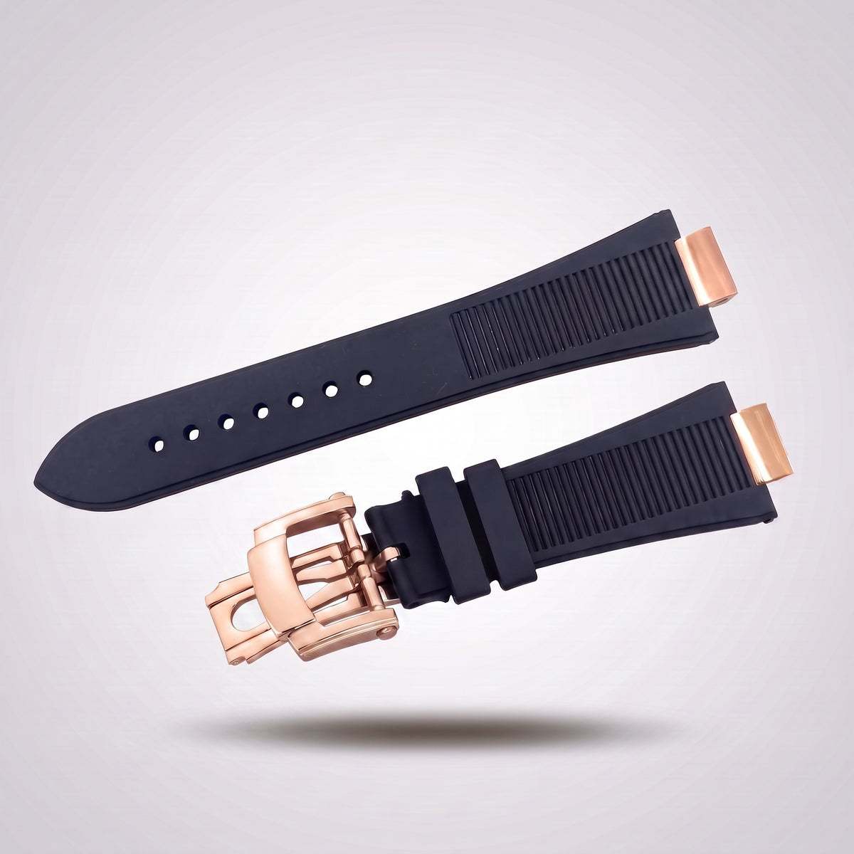 Horizon silicone watch strap, Dark blue, rose gold deployant clasp