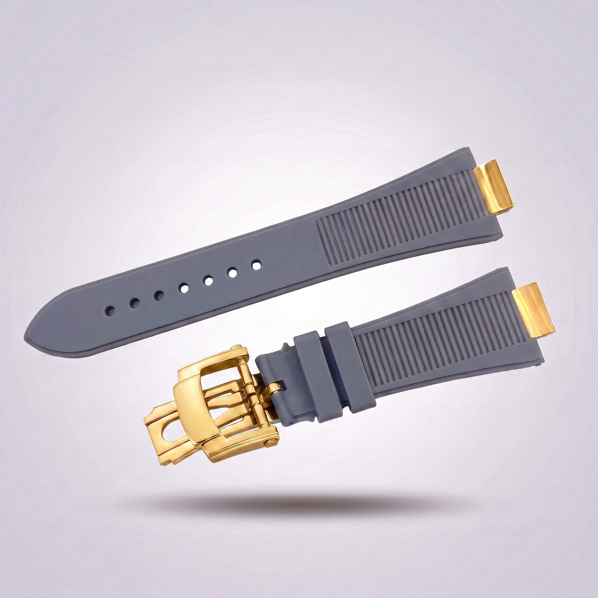 Horizon silicone watch strap, Grey, yellow gold deployant clasp