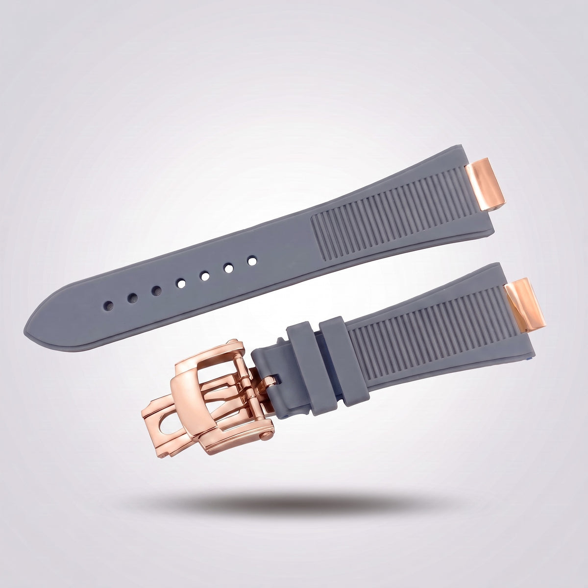 Horizon silicone watch strap, Grey, rose gold deployant clasp