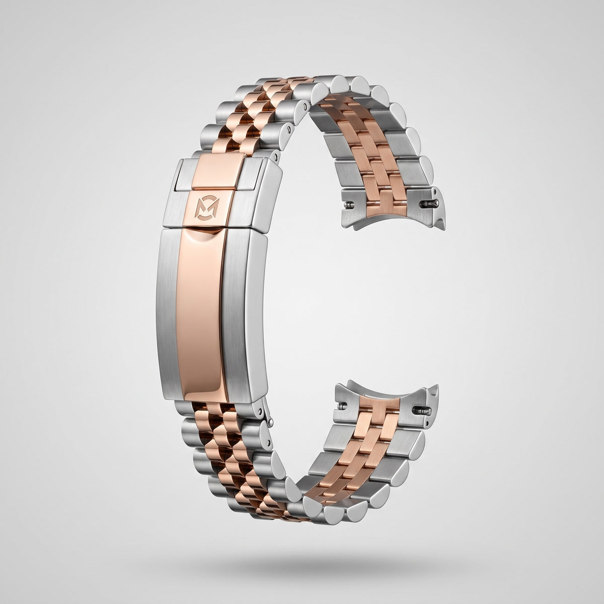 Rose Gold Two Tone Jubilee bracelet 20 mm, brushed steel outer links and polished rose gold centre links, clasp engraved with the Chrono Mod logo