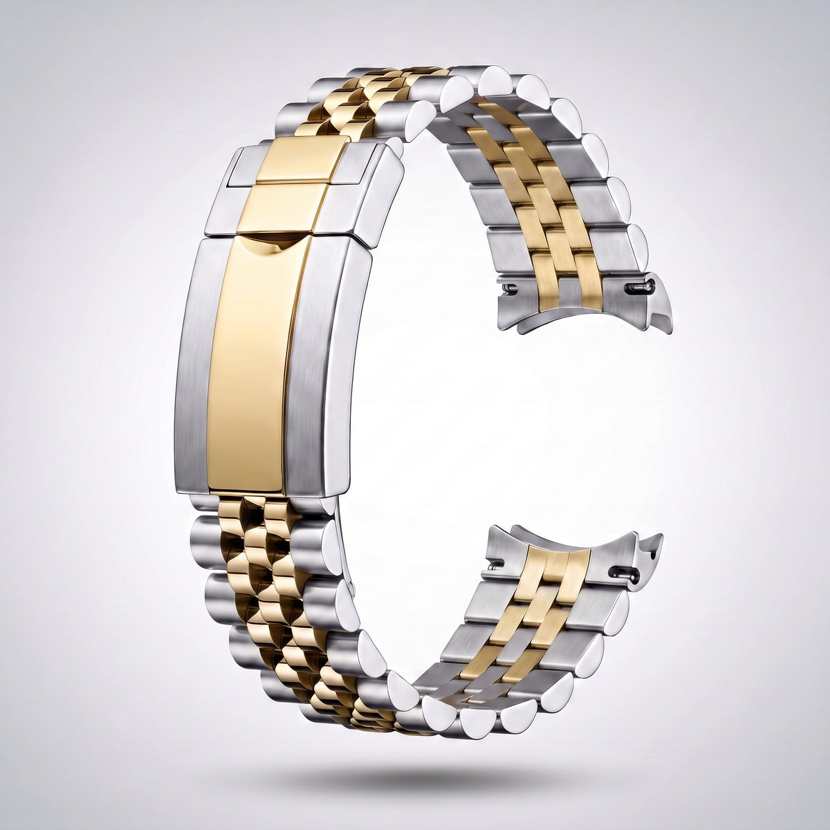 Two-tone Jubilee bracelet in 904L steel with brushed steel outer links and polished yellow gold centre links and clasp