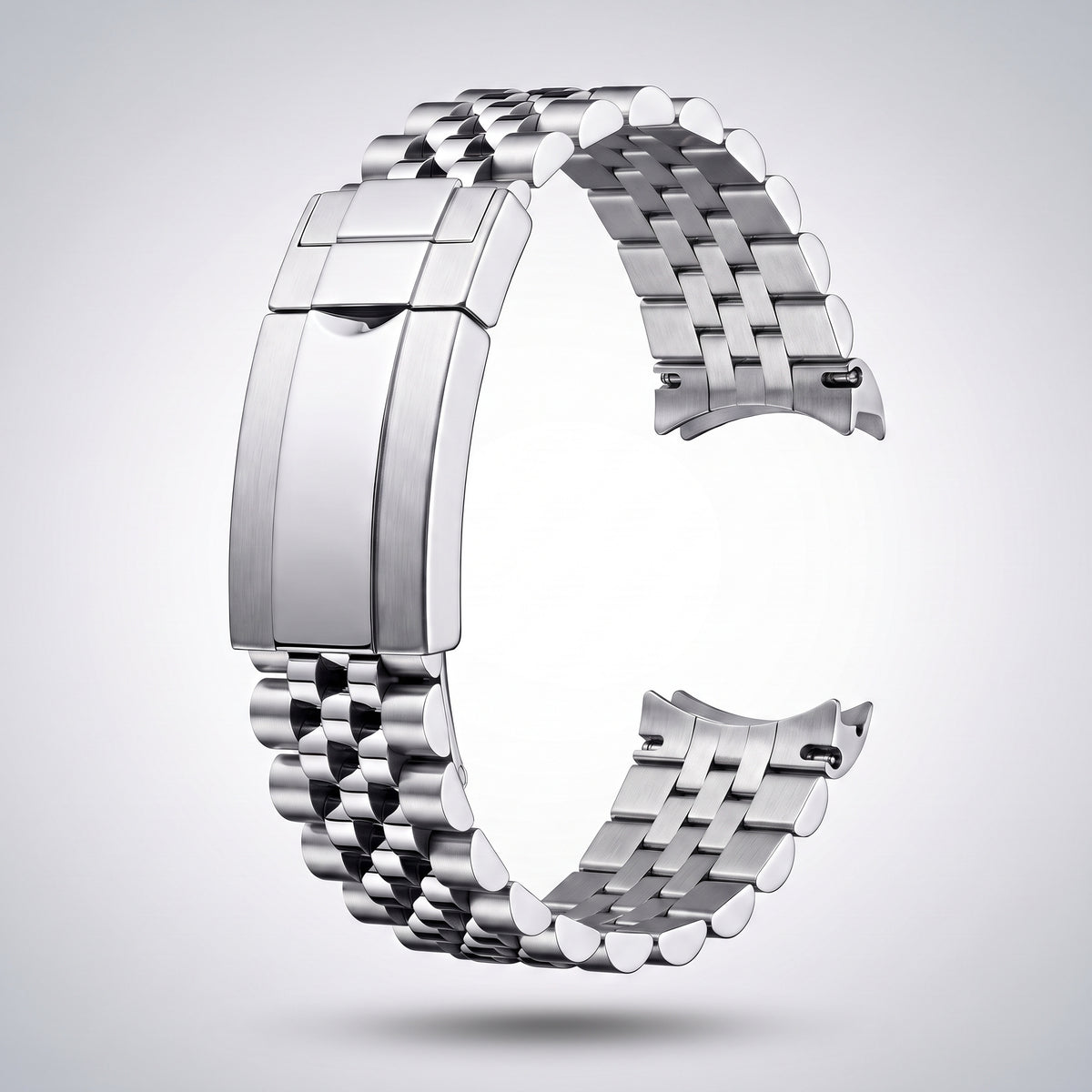 Silver Jubilee bracelet in 904L stainless steel, five rows with brushed outer links and polished centre links, folding clasp