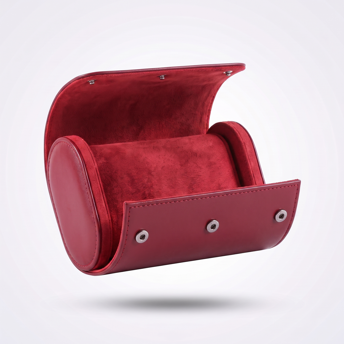 Burgundy Red leather watch roll for one watch, open, showing the red suede cushion
