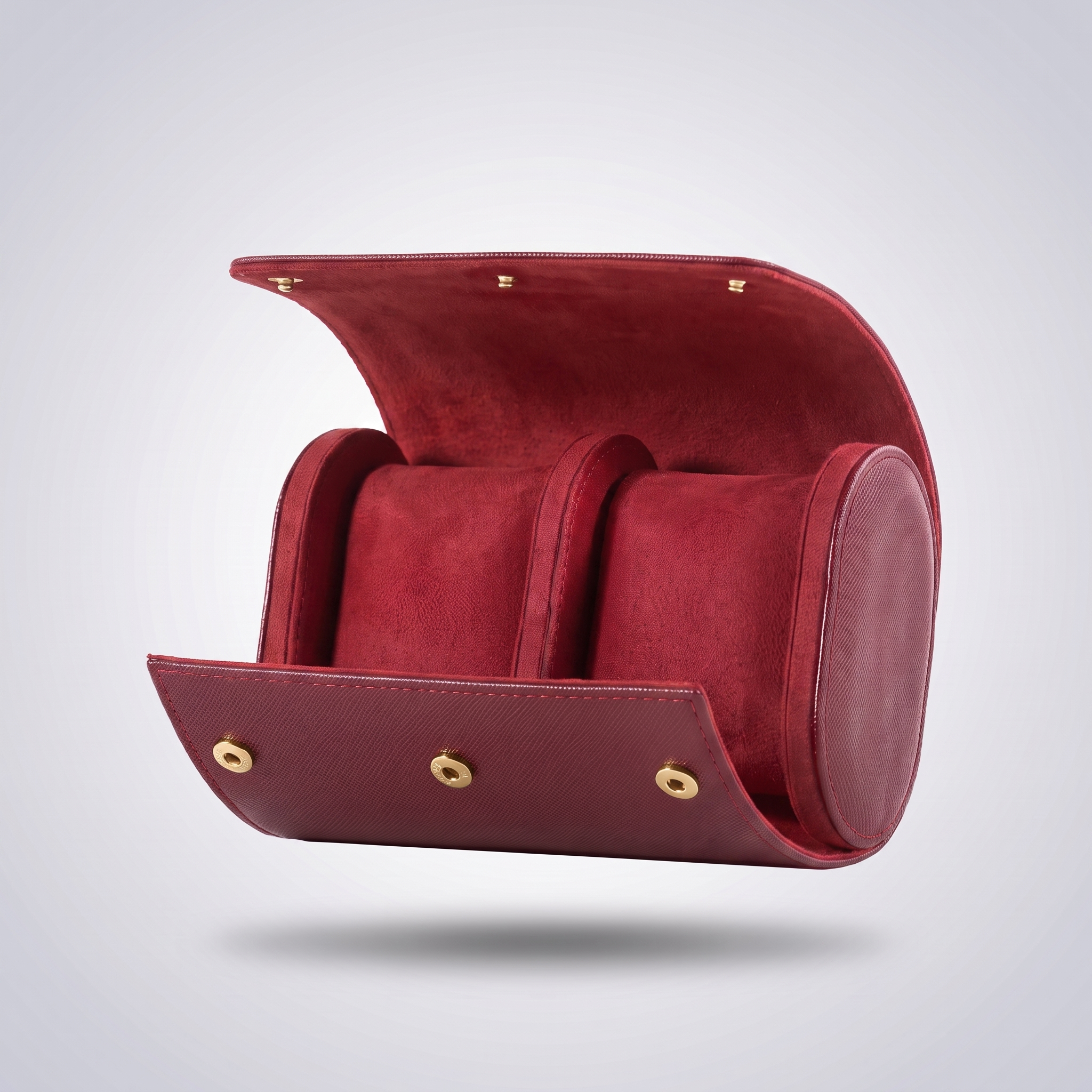 Burgundy Red leather watch roll for two watches, open, showing the red suede cushions