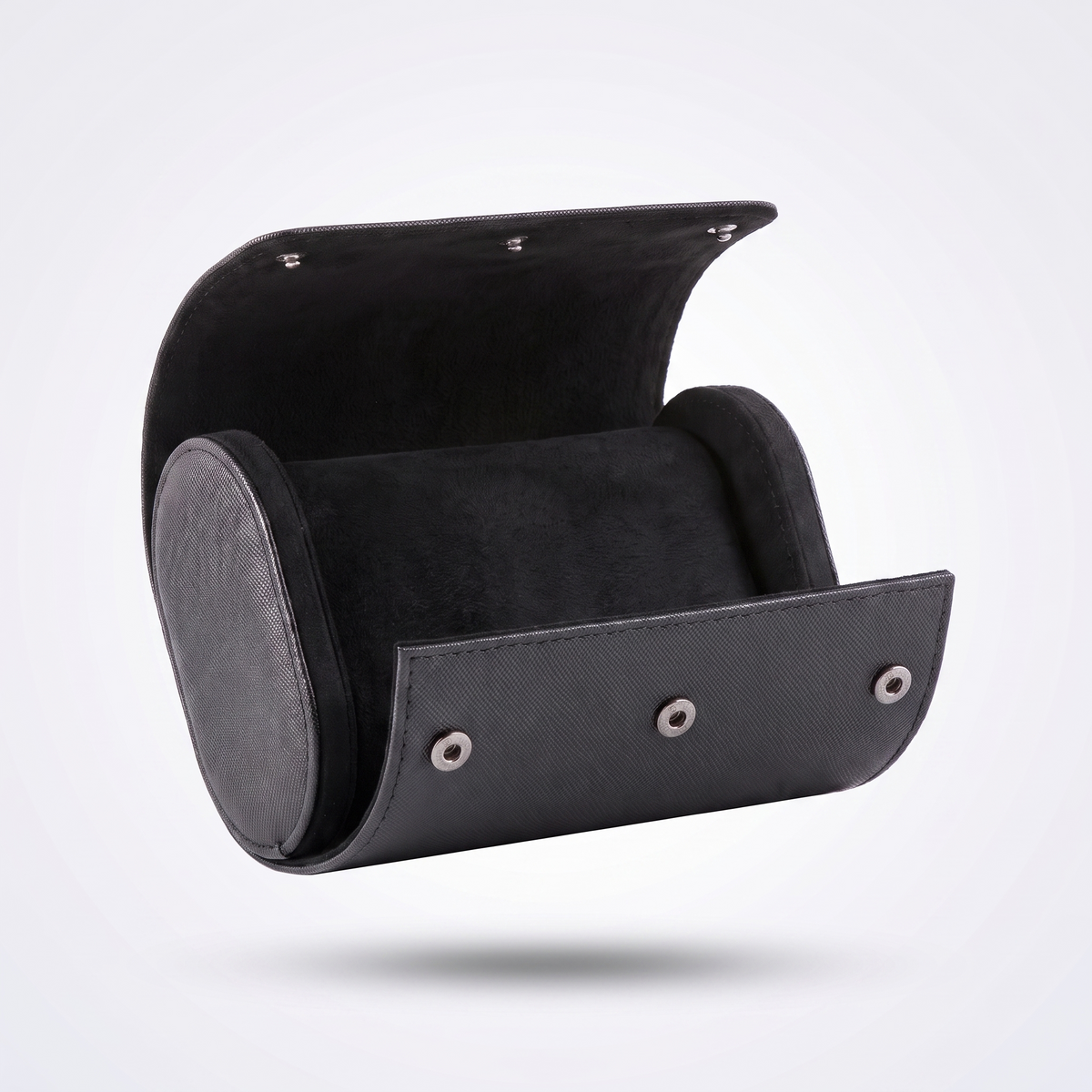 Classic Black leather watch roll for one watch, open, showing the black suede cushion