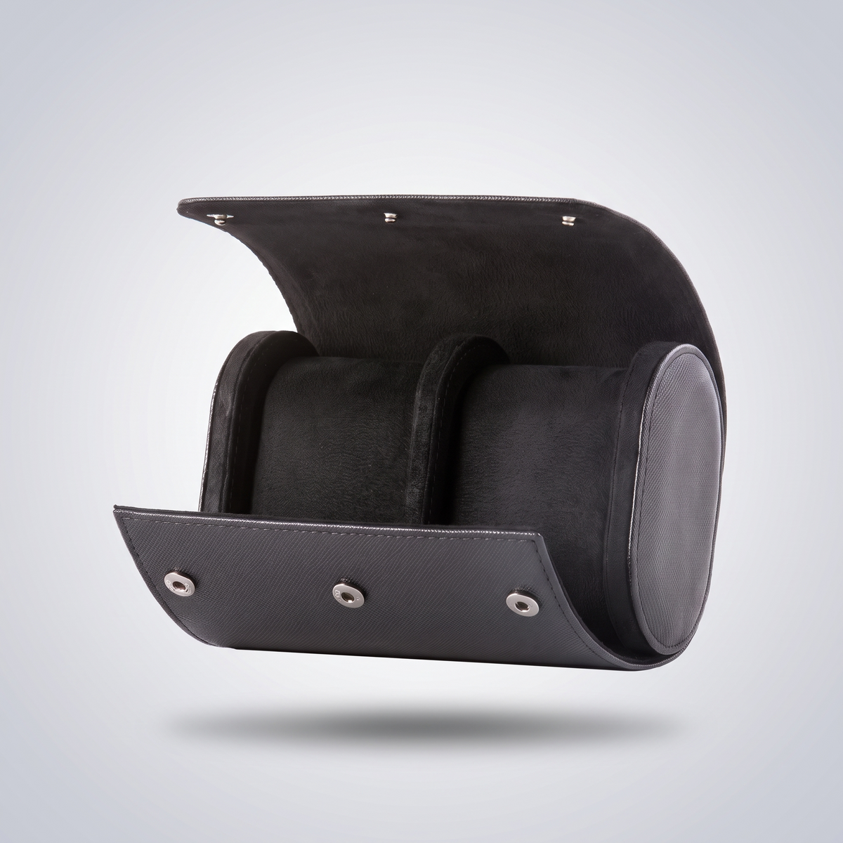Classic Black leather watch roll for two watches, open, showing the black suede cushions