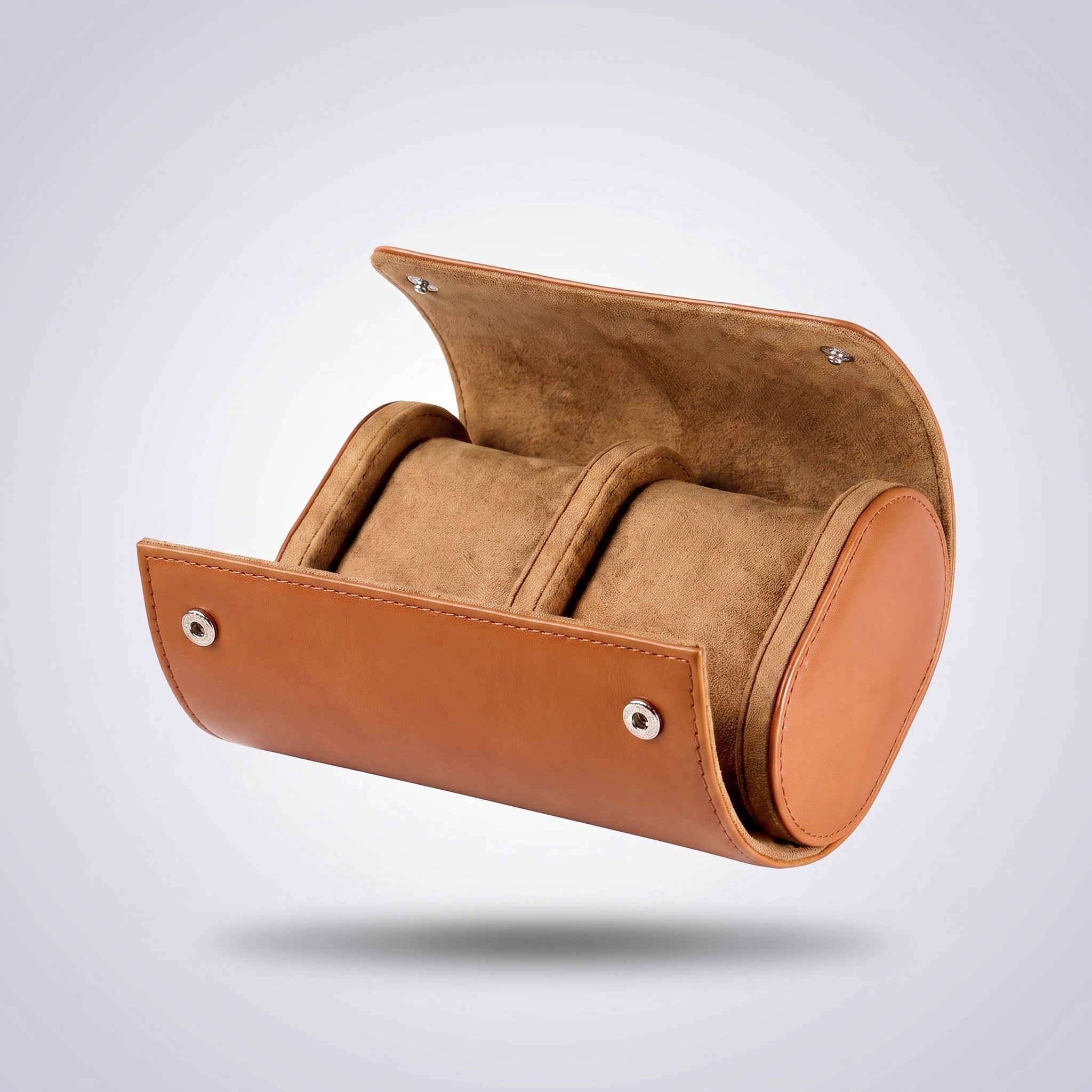 Cognac Brown leather watch roll for two watches, open, showing the tan suede cushions
