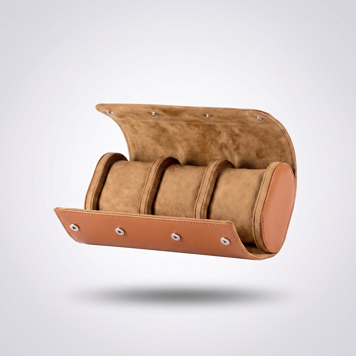 Cognac Brown leather watch roll for three watches, open, showing the tan suede cushions