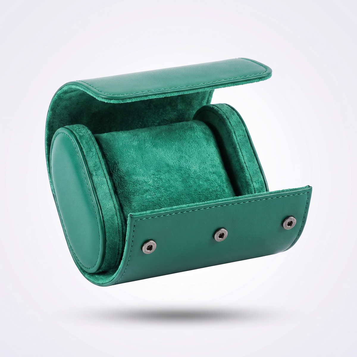Emerald Green leather watch roll for one watch, open, showing the green suede cushion