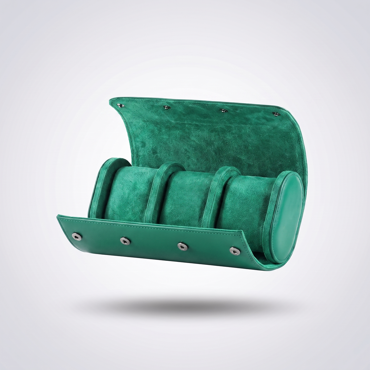Emerald Green leather watch roll for three watches, open, showing the green suede cushions