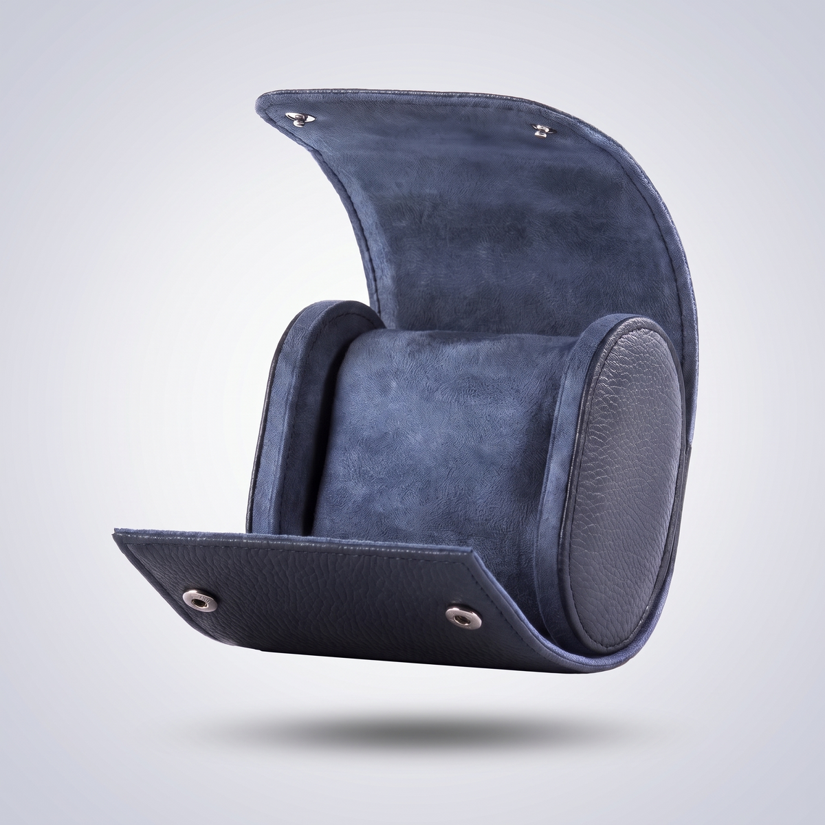 Midnight Blue leather watch roll for one watch, open, showing the navy suede cushion
