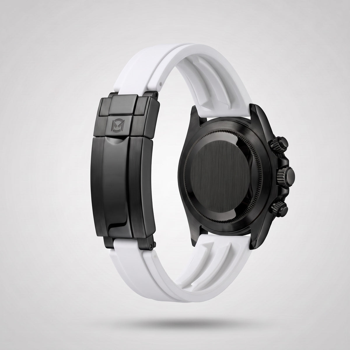 Arctic White silicone strap 20 mm for the Chrono Mod Modena, black PVD clasp engraved with the Chrono Mod logo, shown on the Modena case