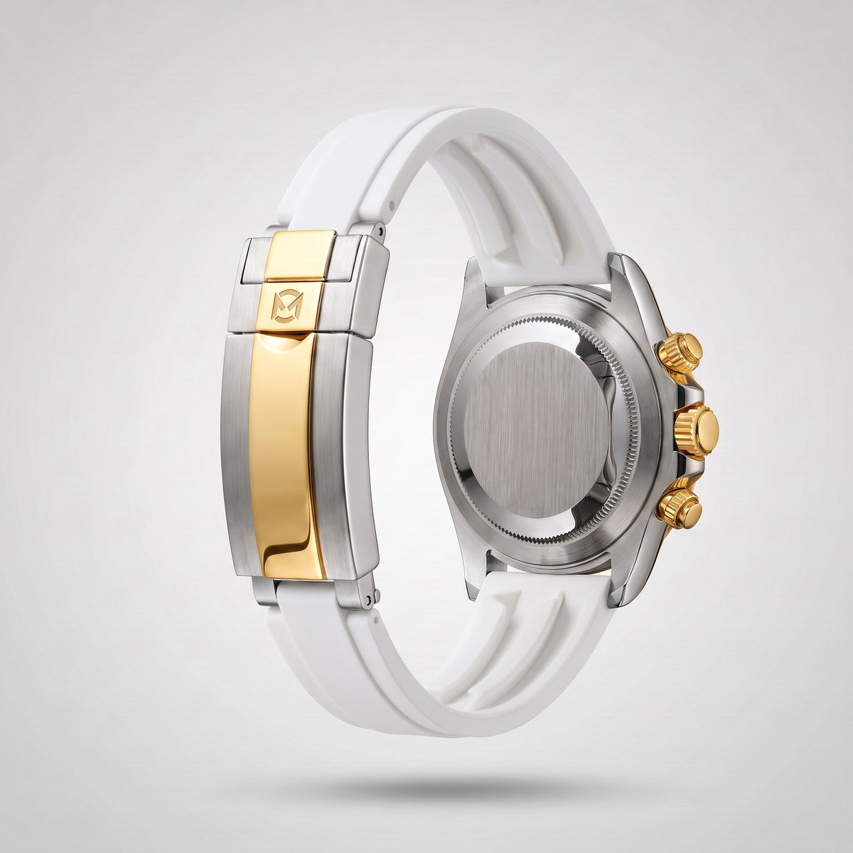 Arctic White silicone strap 20 mm for the Chrono Mod Modena, gold and steel clasp engraved with the Chrono Mod logo, shown on the Modena case