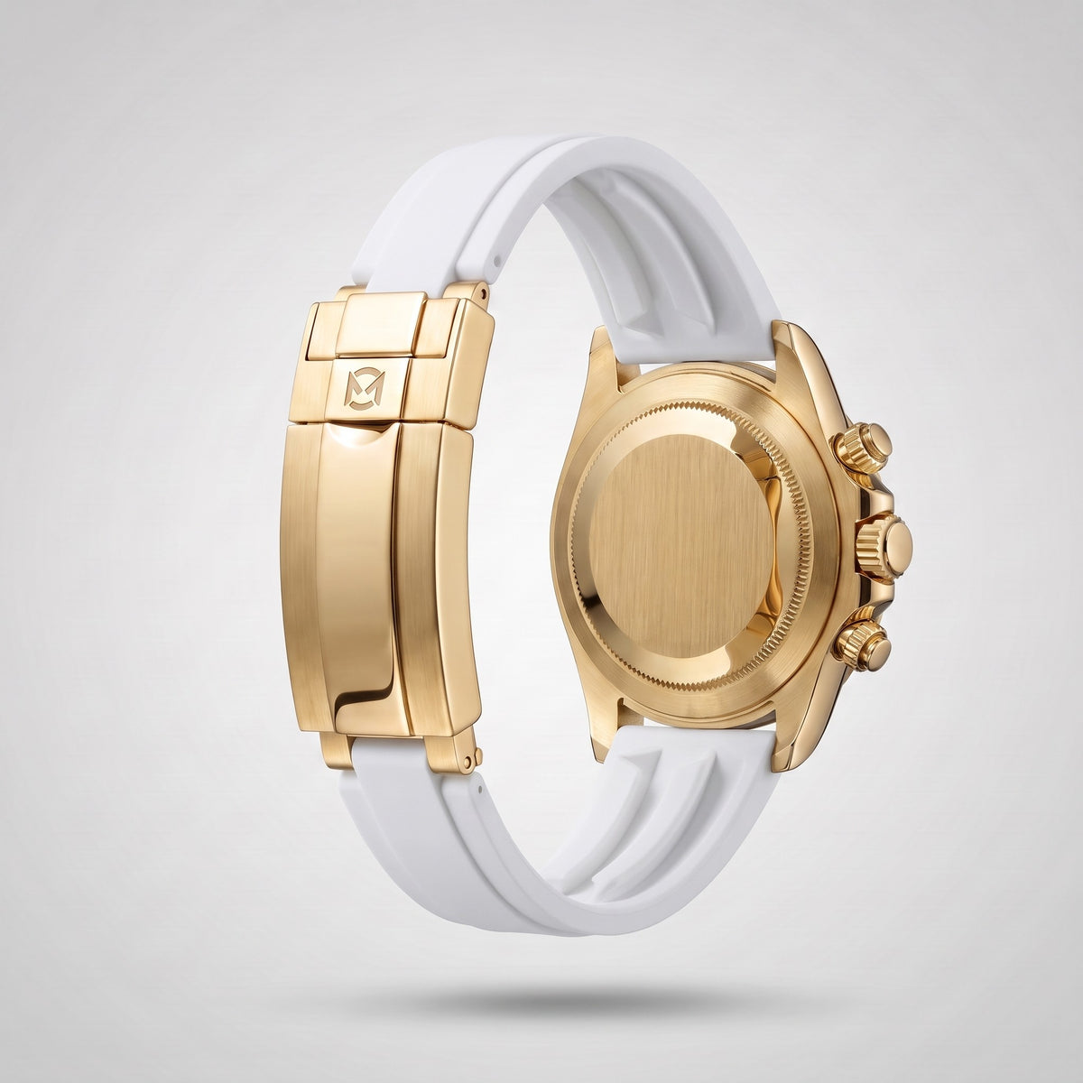 Arctic White silicone strap 20 mm for the Chrono Mod Modena, yellow gold clasp engraved with the Chrono Mod logo, shown on the Modena case
