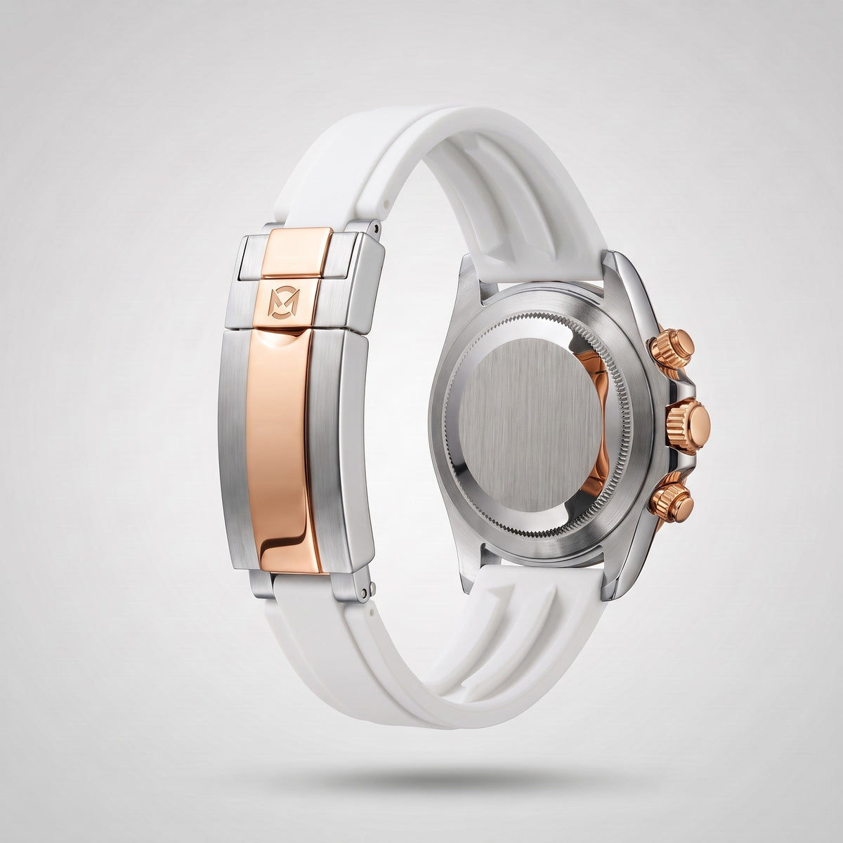 Arctic White silicone strap 20 mm for the Chrono Mod Modena, rose gold and steel clasp engraved with the Chrono Mod logo, shown on the Modena case