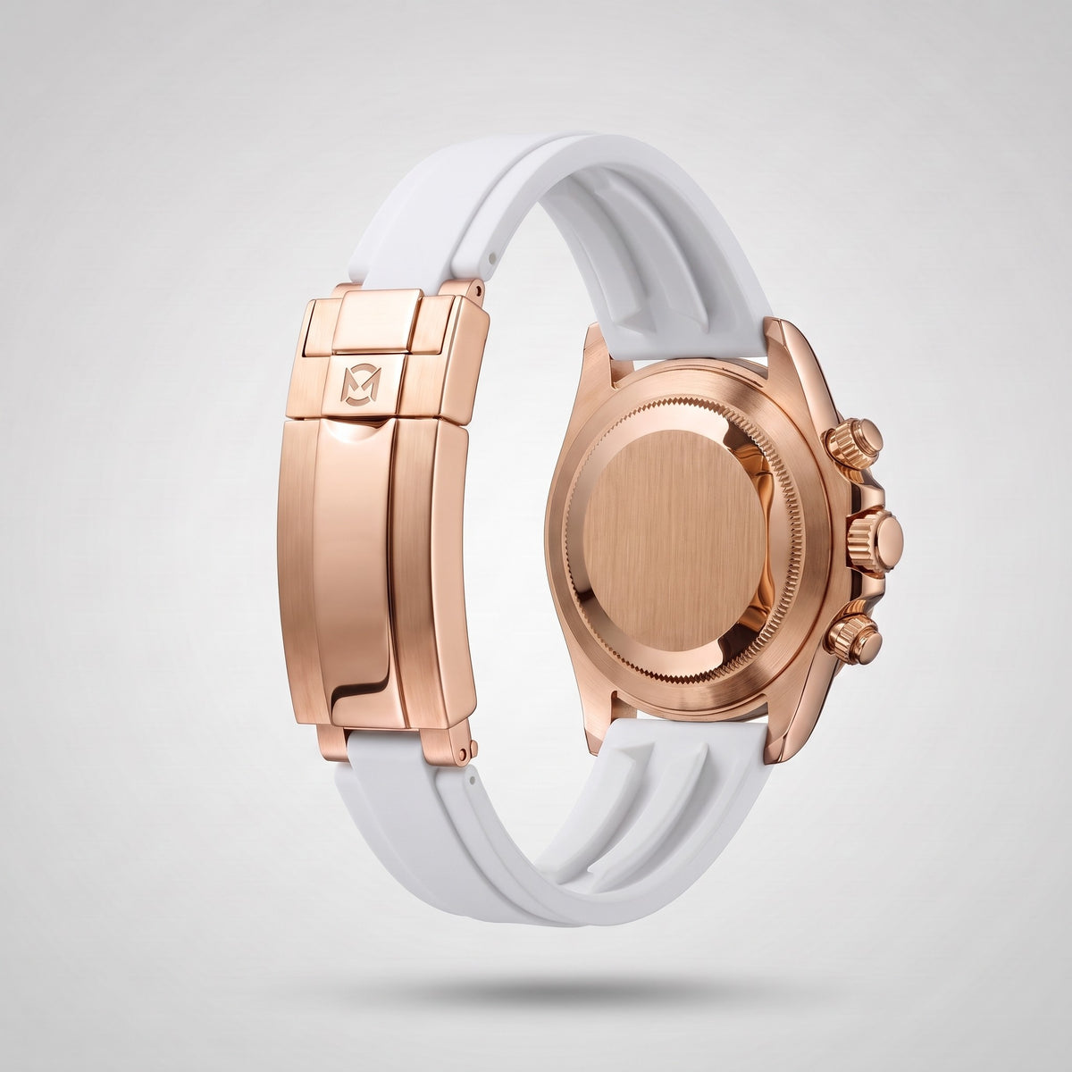 Arctic White silicone strap 20 mm for the Chrono Mod Modena, rose gold clasp engraved with the Chrono Mod logo, shown on the Modena case