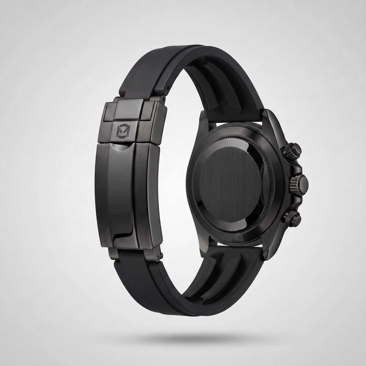 Classic Black silicone strap 20 mm for the Chrono Mod Modena, black PVD clasp engraved with the Chrono Mod logo, shown on the Modena case