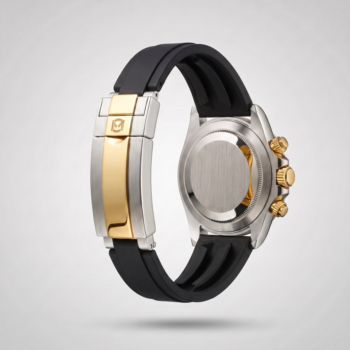 Classic Black silicone strap 20 mm for the Chrono Mod Modena, gold and steel clasp engraved with the Chrono Mod logo, shown on the Modena case