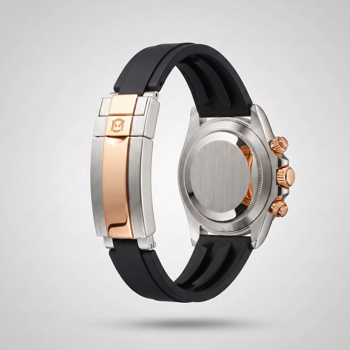Classic Black silicone strap 20 mm for the Chrono Mod Modena, rose gold and steel clasp engraved with the Chrono Mod logo, shown on the Modena case