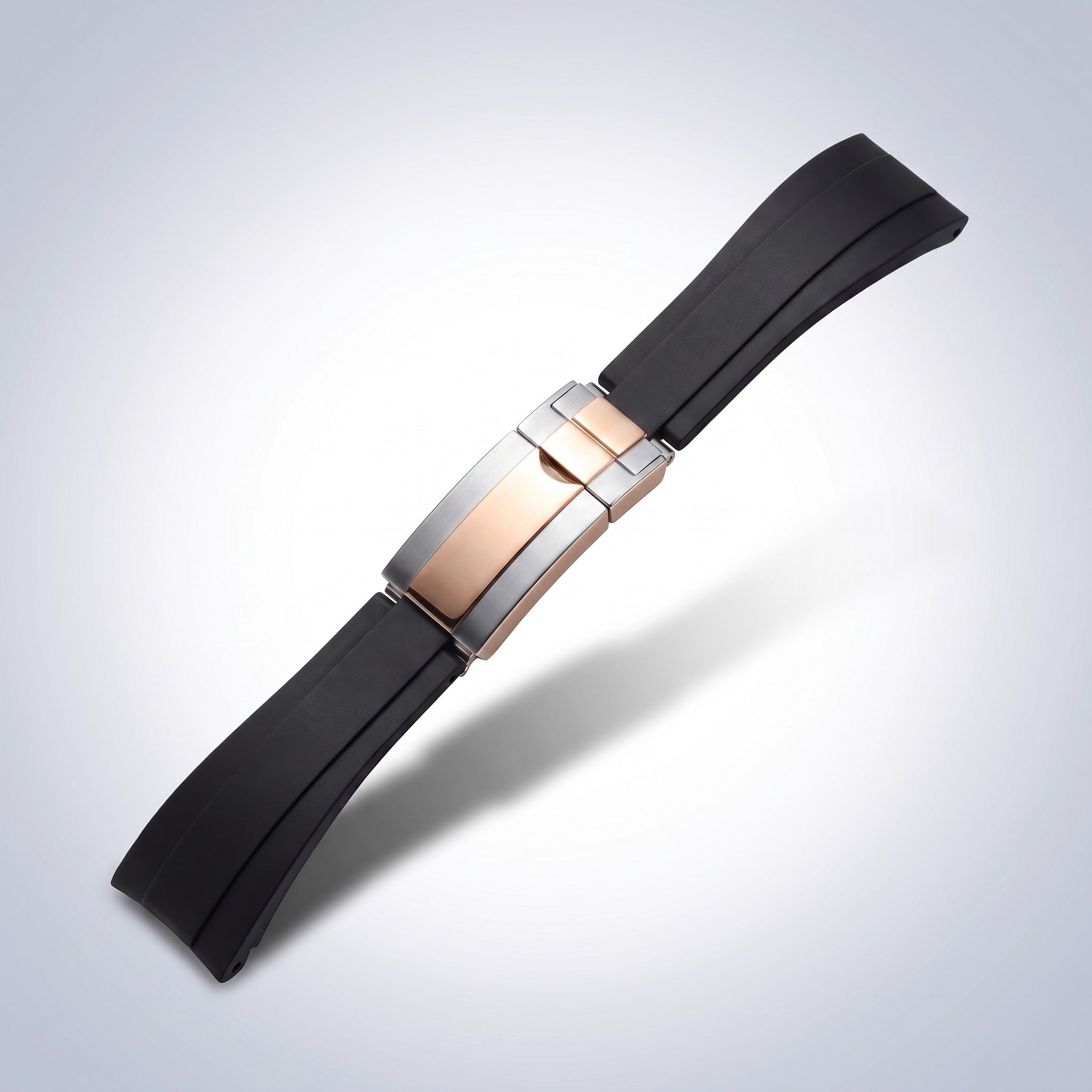 Modena silicone watch strap 20mm in Classic Black with two-tone rose gold and steel slider clasp