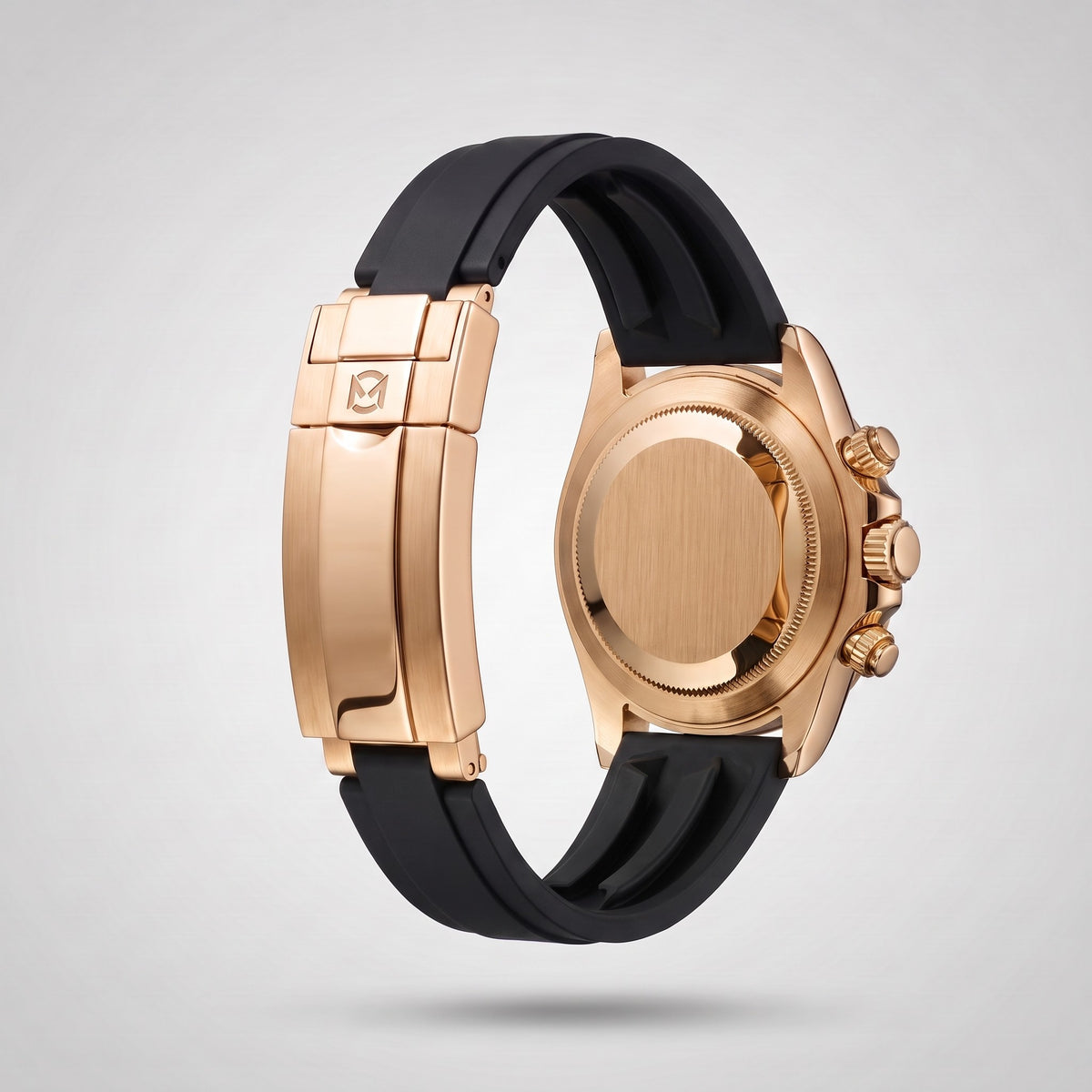 Classic Black silicone strap 20 mm for the Chrono Mod Modena, rose gold clasp engraved with the Chrono Mod logo, shown on the Modena case