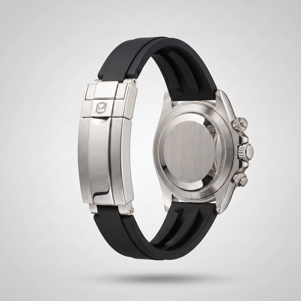 Classic Black silicone strap 20 mm for the Chrono Mod Modena, brushed stainless steel clasp engraved with the Chrono Mod logo, shown on the Modena case
