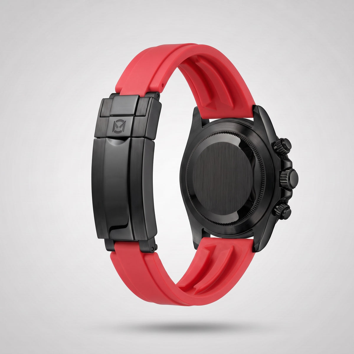 Crimson Red silicone strap 20 mm for the Chrono Mod Modena, black PVD clasp engraved with the Chrono Mod logo, shown on the Modena case