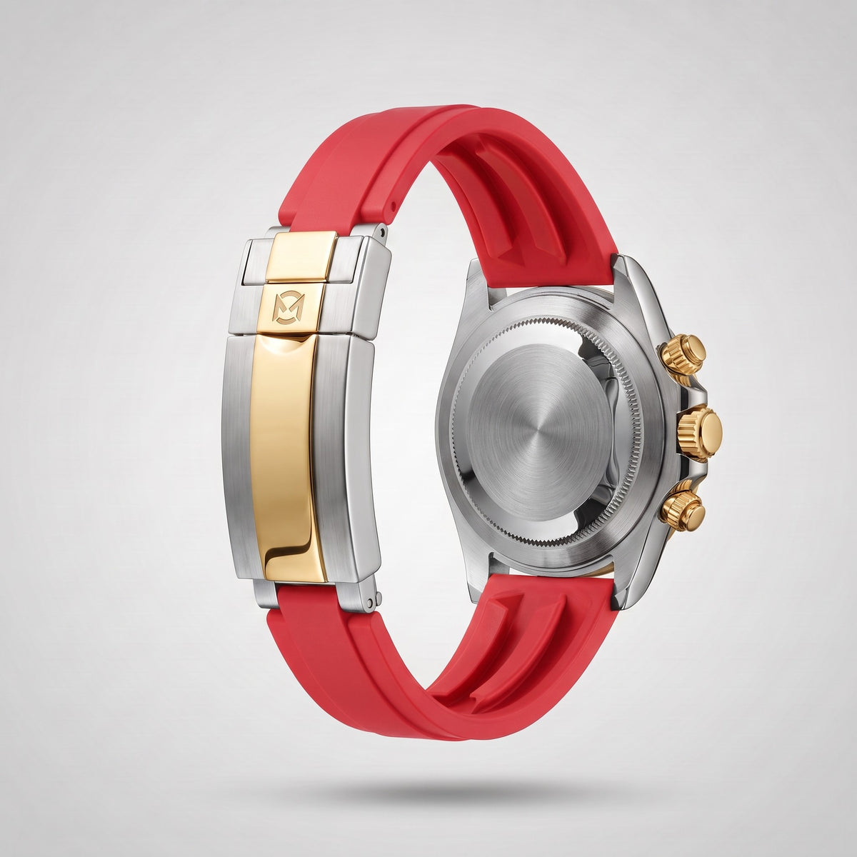 Crimson Red silicone strap 20 mm for the Chrono Mod Modena, gold and steel clasp engraved with the Chrono Mod logo, shown on the Modena case