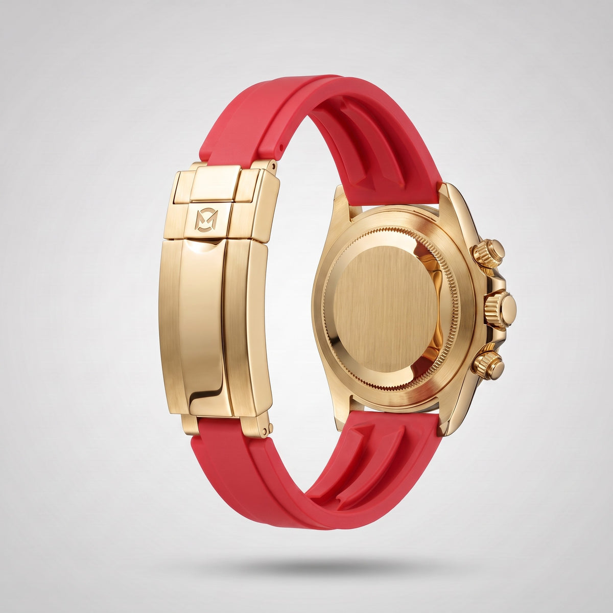 Crimson Red silicone strap 20 mm for the Chrono Mod Modena, yellow gold clasp engraved with the Chrono Mod logo, shown on the Modena case
