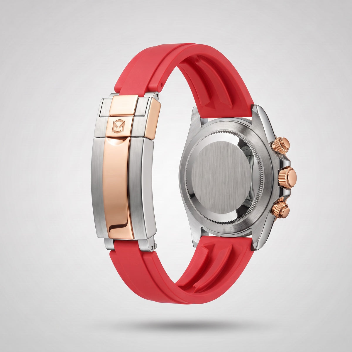 Crimson Red silicone strap 20 mm for the Chrono Mod Modena, rose gold and steel clasp engraved with the Chrono Mod logo, shown on the Modena case