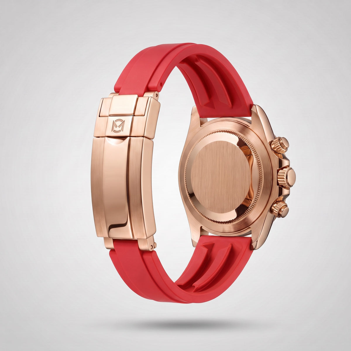Crimson Red silicone strap 20 mm for the Chrono Mod Modena, rose gold clasp engraved with the Chrono Mod logo, shown on the Modena case