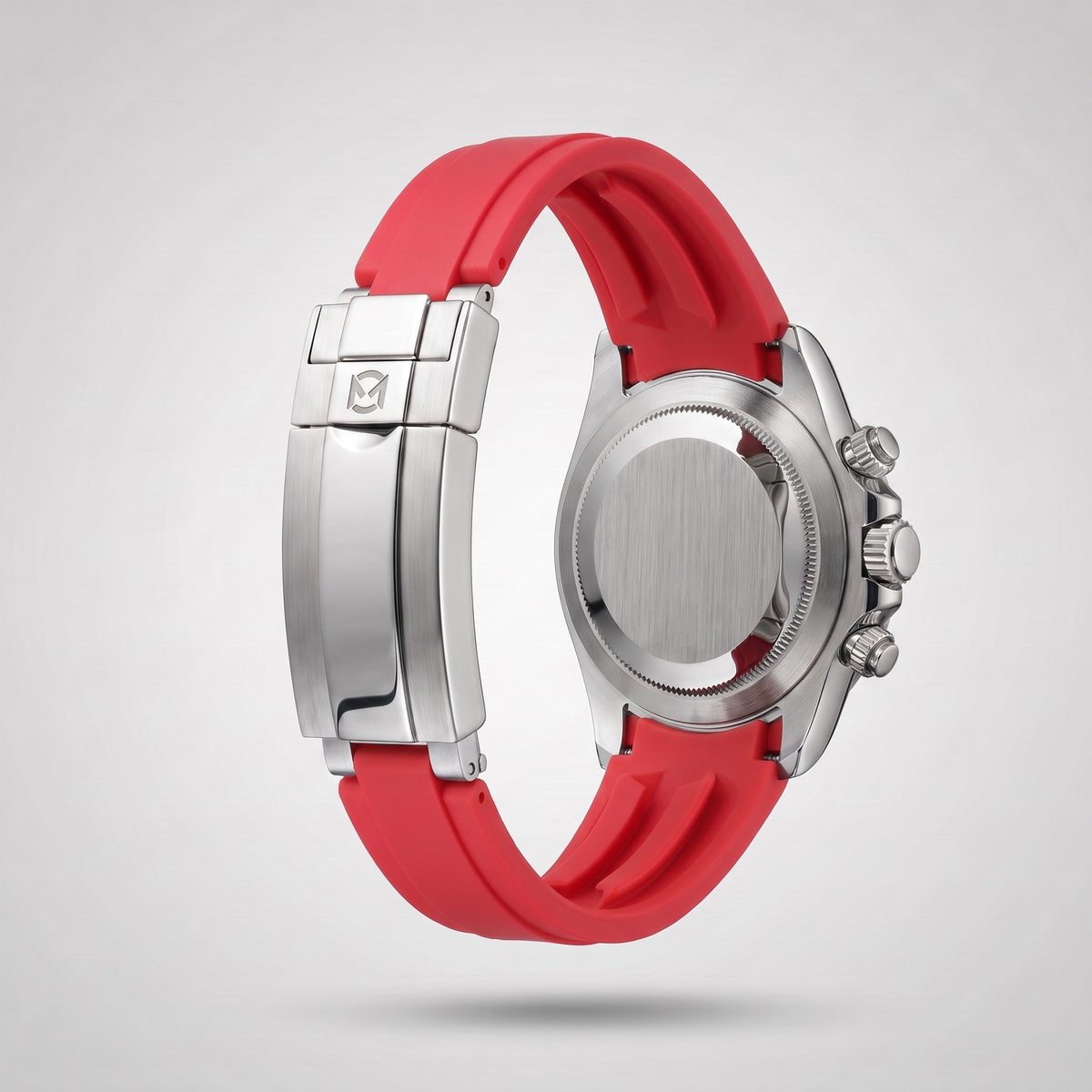 Crimson Red silicone strap 20 mm for the Chrono Mod Modena, brushed stainless steel clasp engraved with the Chrono Mod logo, shown on the Modena case