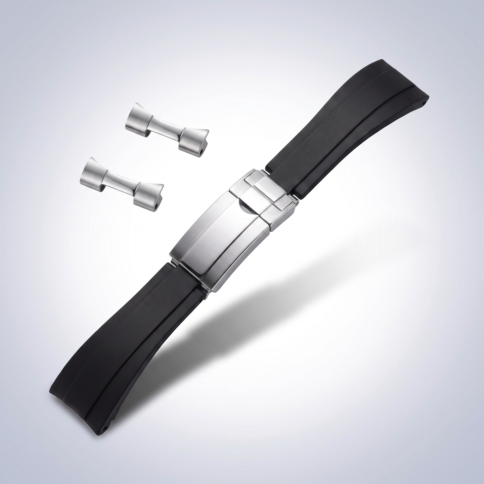 Modena silicone strap 20mm supplied with two curved brushed stainless steel end links that bridge the strap to the round case