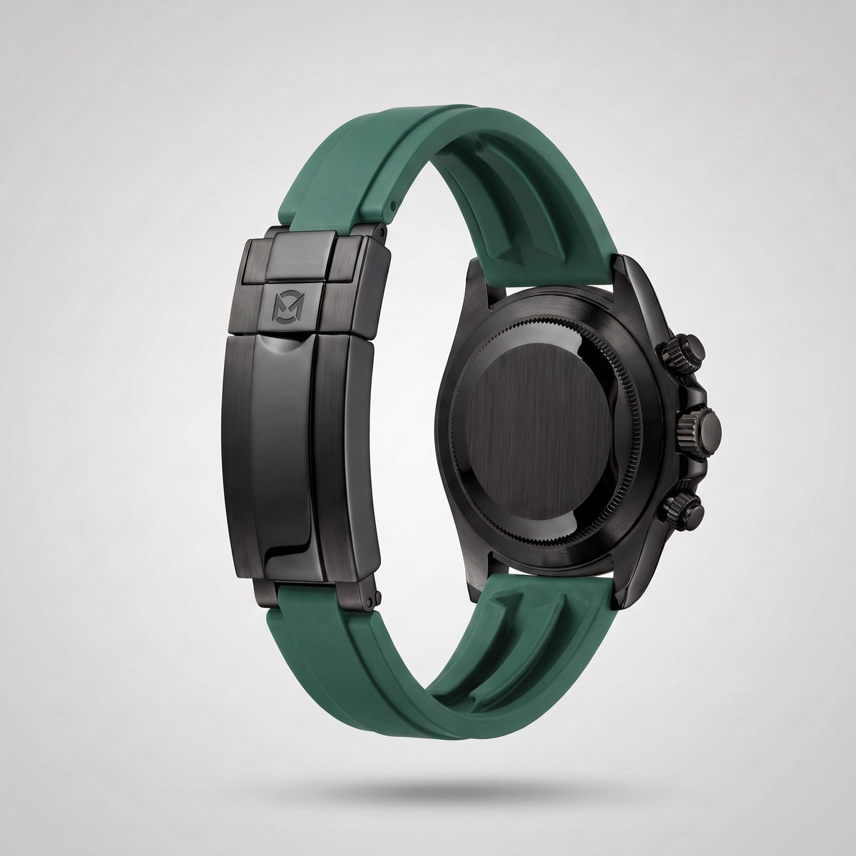 Emerald Green silicone strap 20 mm for the Chrono Mod Modena, black PVD clasp engraved with the Chrono Mod logo, shown on the Modena case