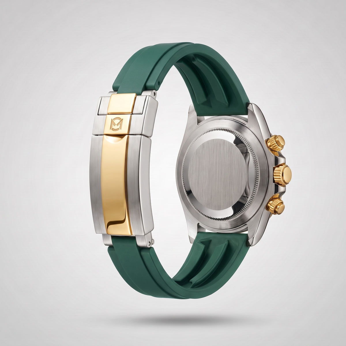 Emerald Green silicone strap 20 mm for the Chrono Mod Modena, gold and steel clasp engraved with the Chrono Mod logo, shown on the Modena case