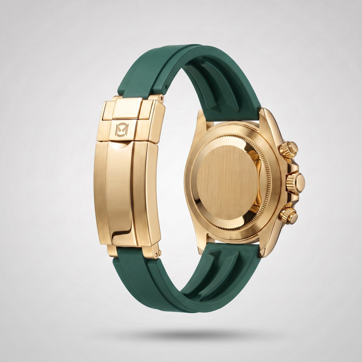 Emerald Green silicone strap 20 mm for the Chrono Mod Modena, yellow gold clasp engraved with the Chrono Mod logo, shown on the Modena case