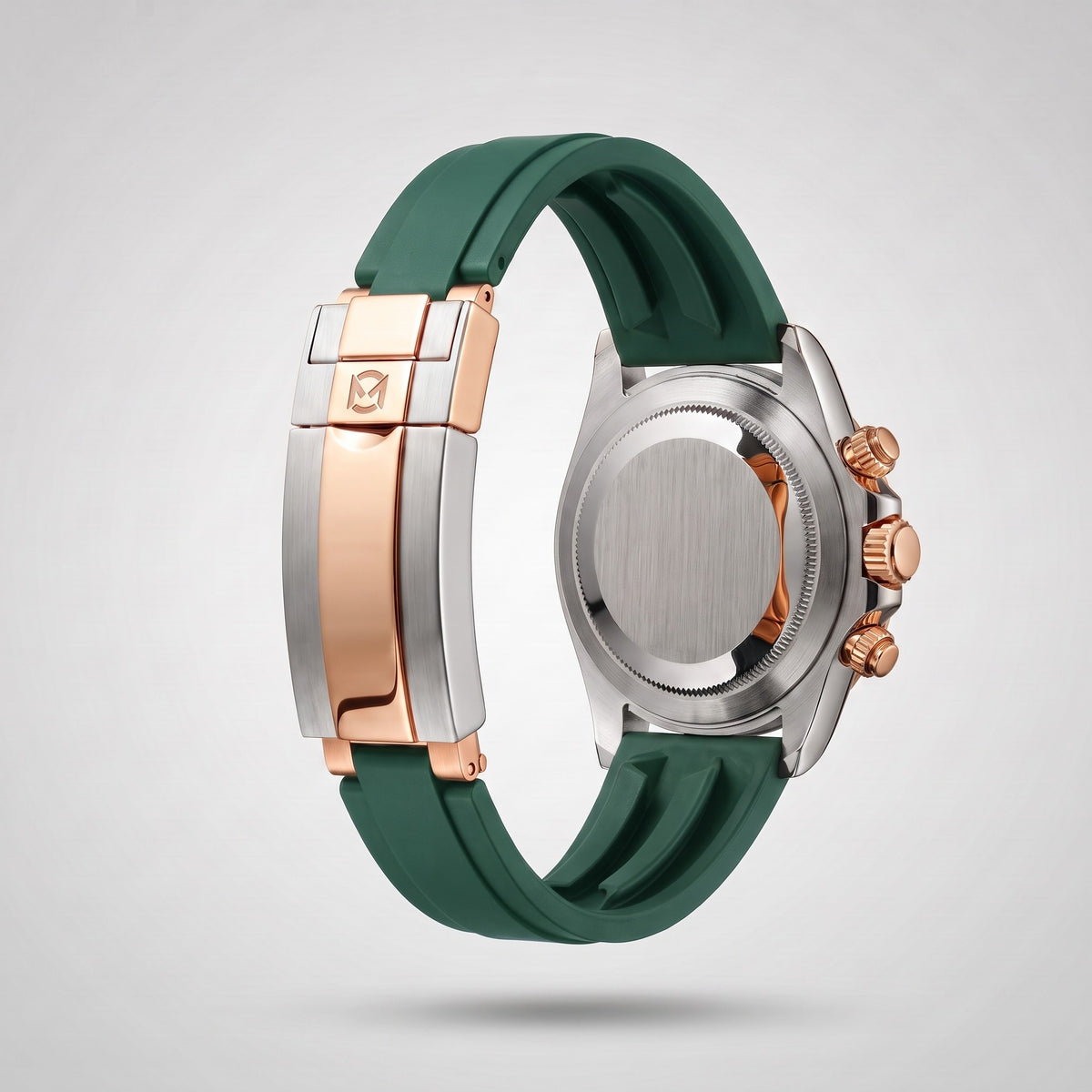Emerald Green silicone strap 20 mm for the Chrono Mod Modena, rose gold and steel clasp engraved with the Chrono Mod logo, shown on the Modena case